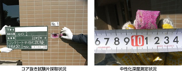 写真：コンクリート中性化試験　コア抜き試験片採取状況／中性化深度測定状況